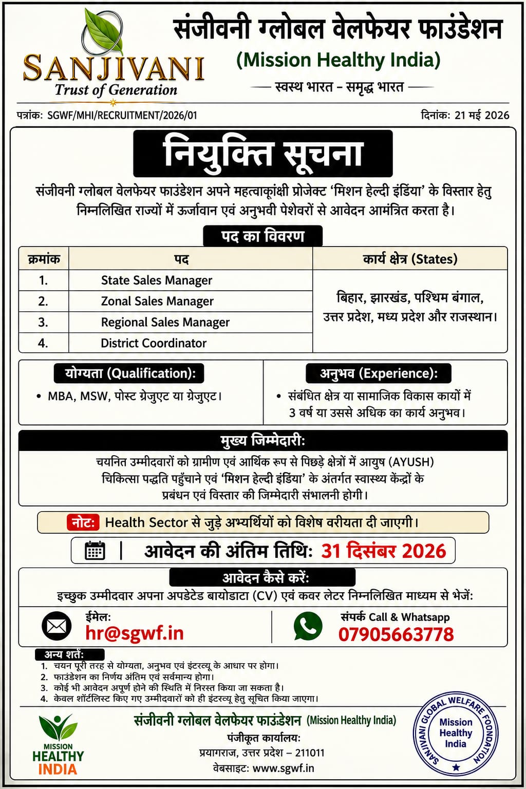 Mission Healthy India Recruitment